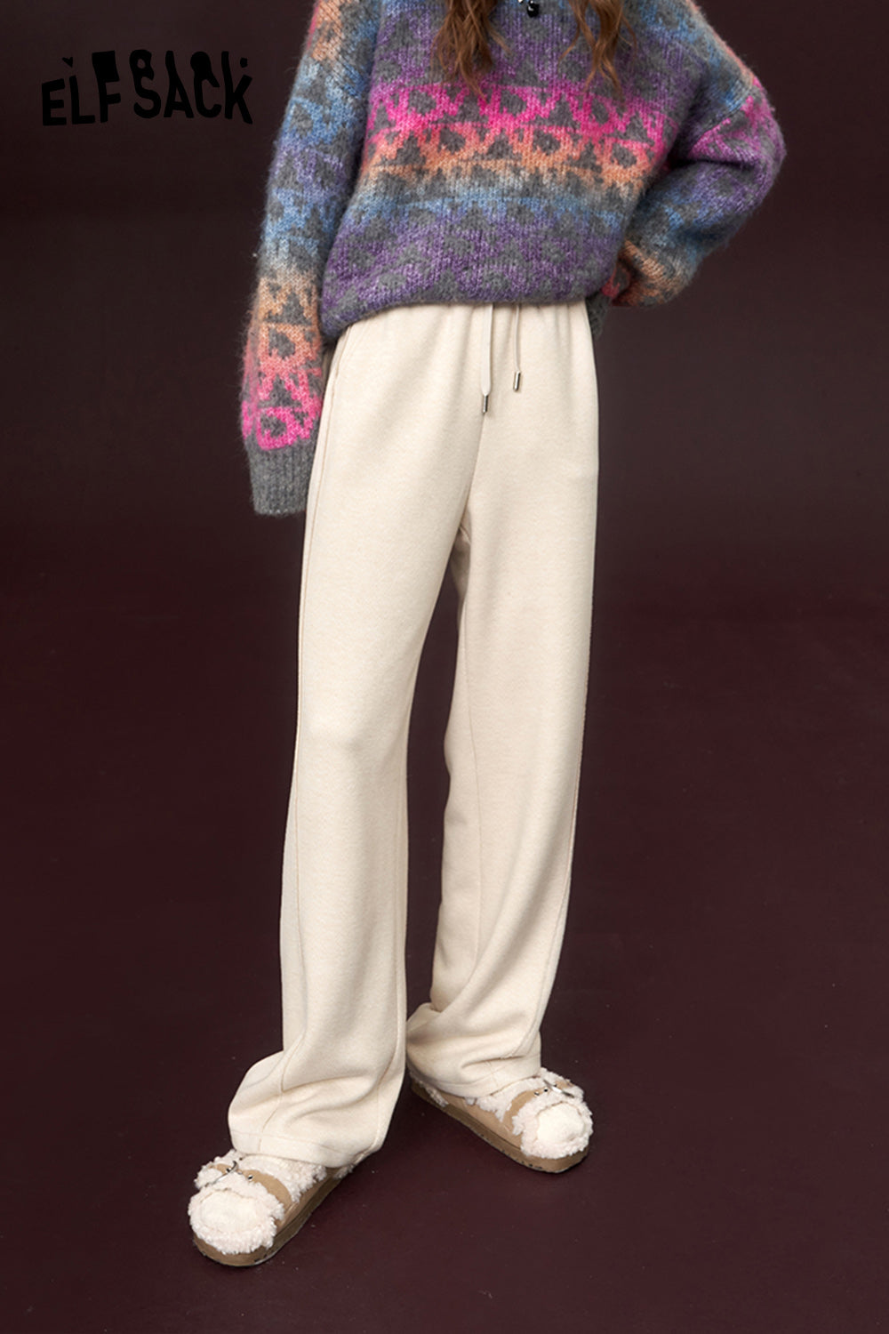 ELFSACK Sports Wide Pants Women High Waist Casual Trousers
