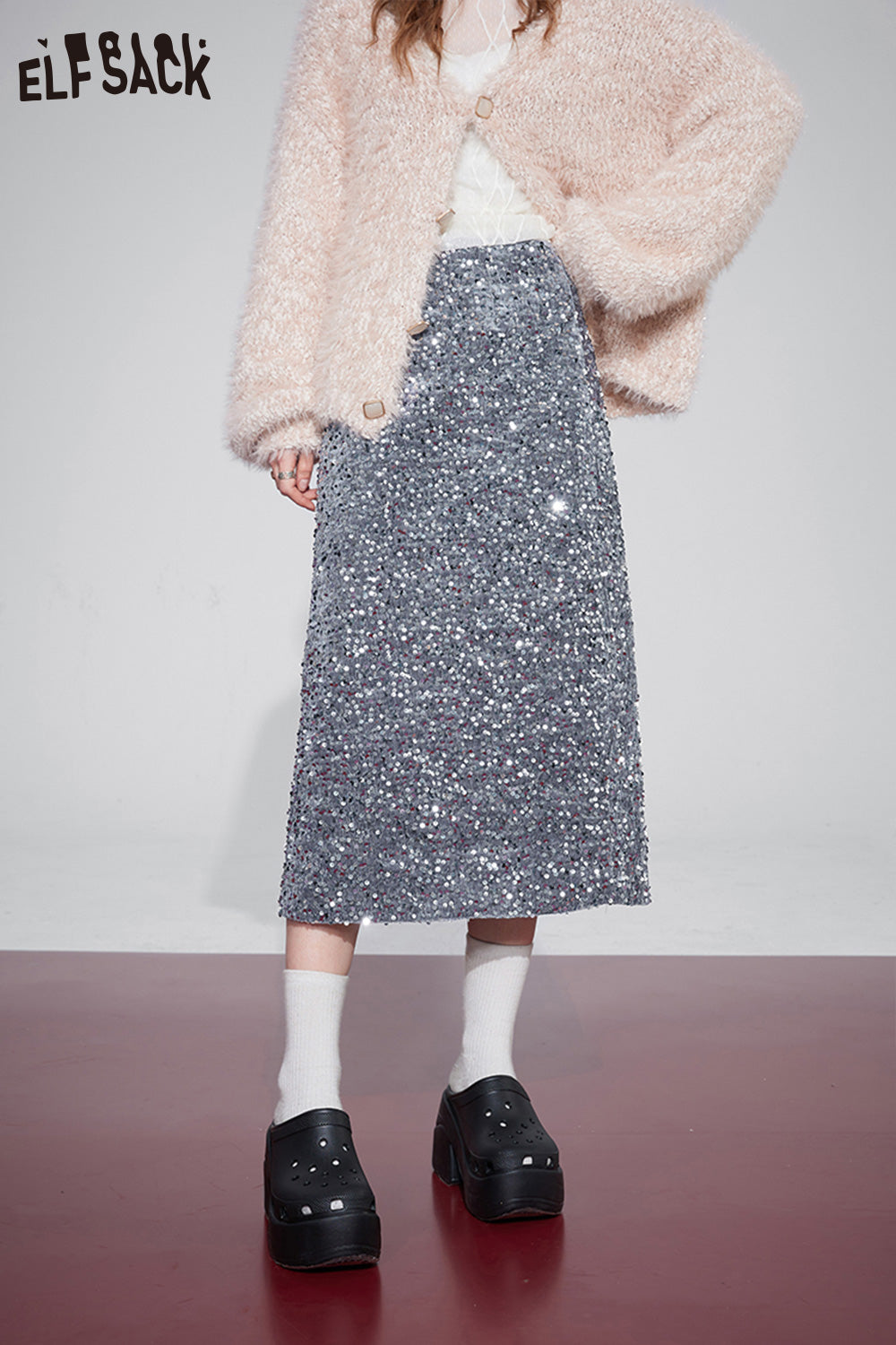 ELFSACK Korean Fashion Party Skirt Sparkly Elegant Luxury Bottom