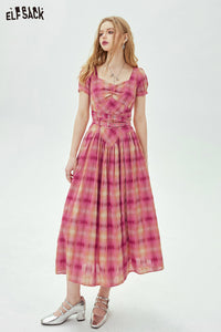 ELFSACK Bubble sleeve plaid dress, casual waist tightening and slimming princess dress