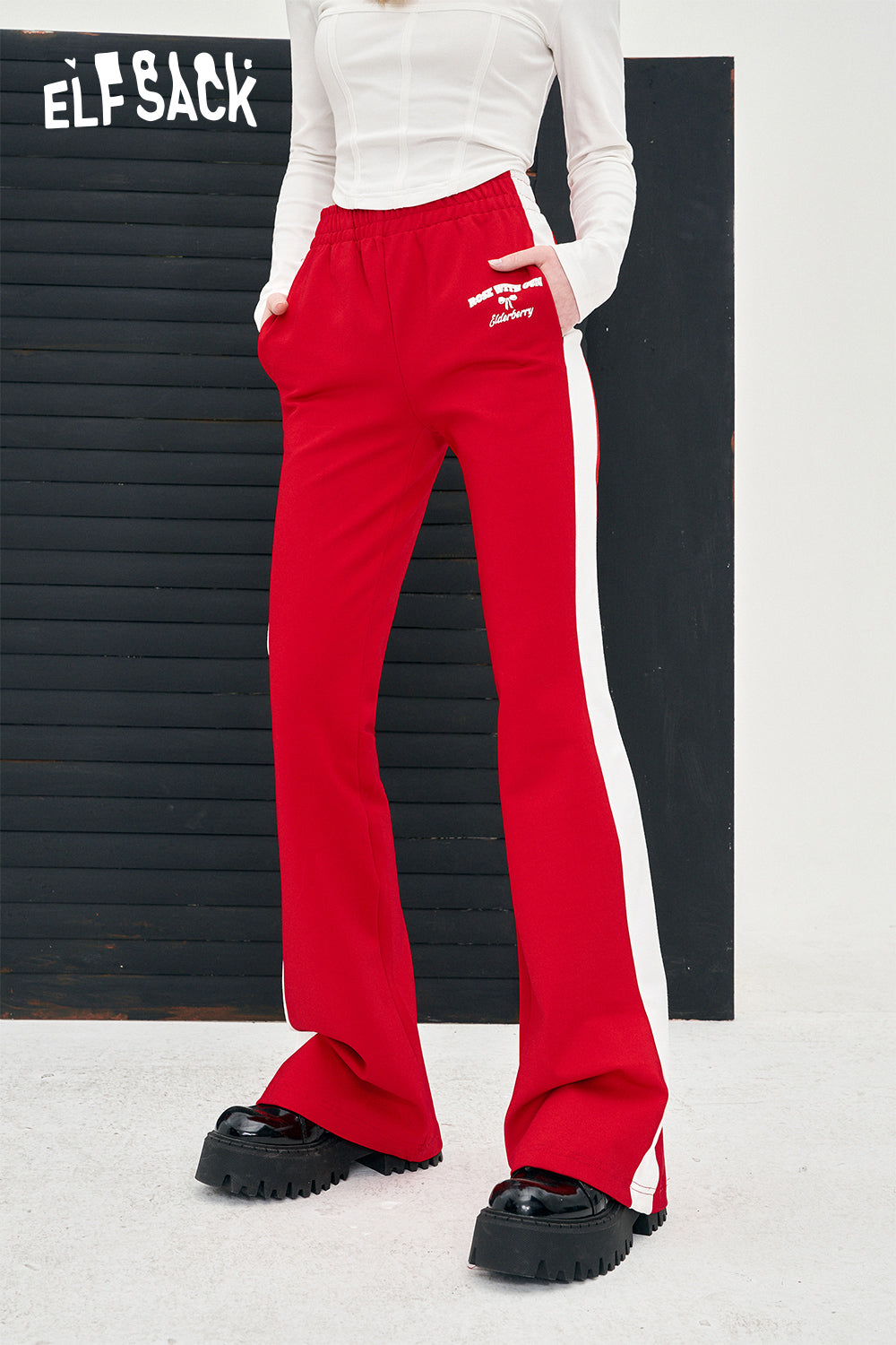 ELFSACK color block sports women's pants spring wide-leg casual cool bow alphabet printing pants