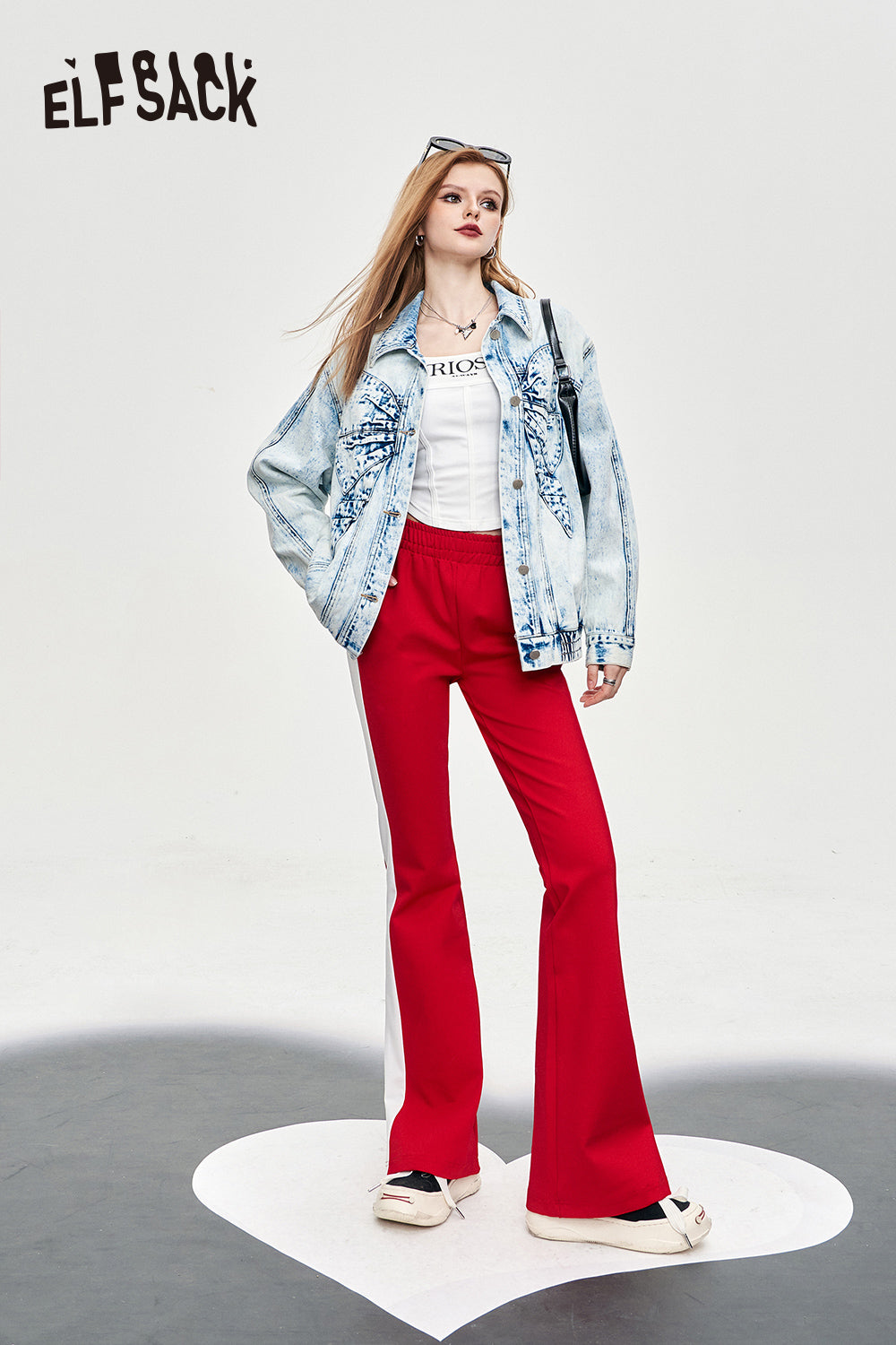 ELFSACK color block sports women's pants spring wide-leg casual cool bow alphabet printing pants