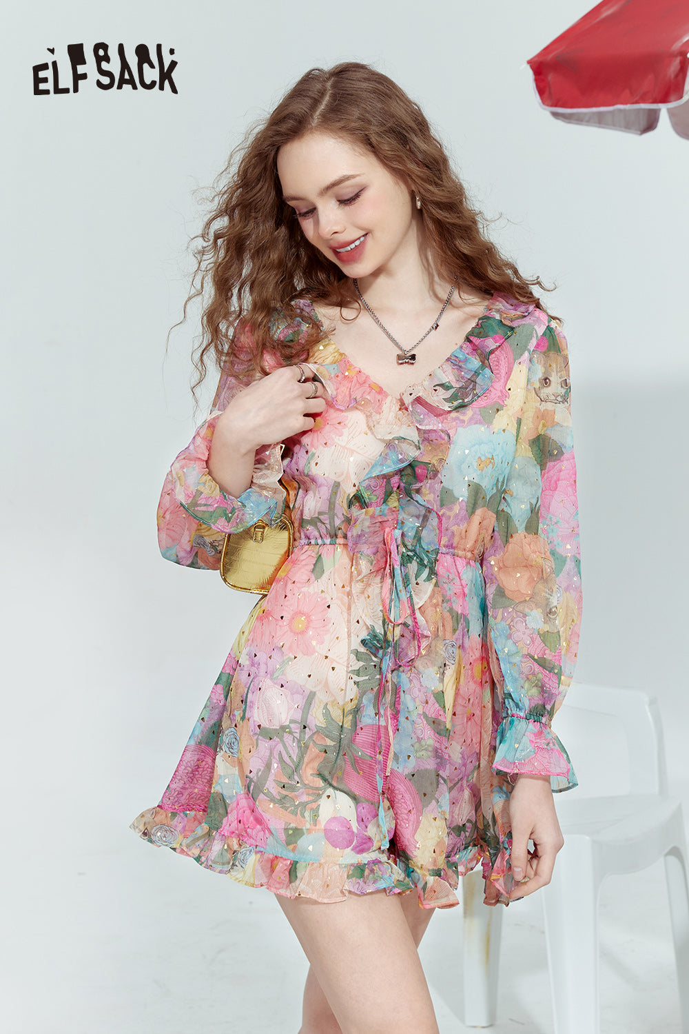 ELFSACK French V-neck color-blocked gentle style waisted floral dress