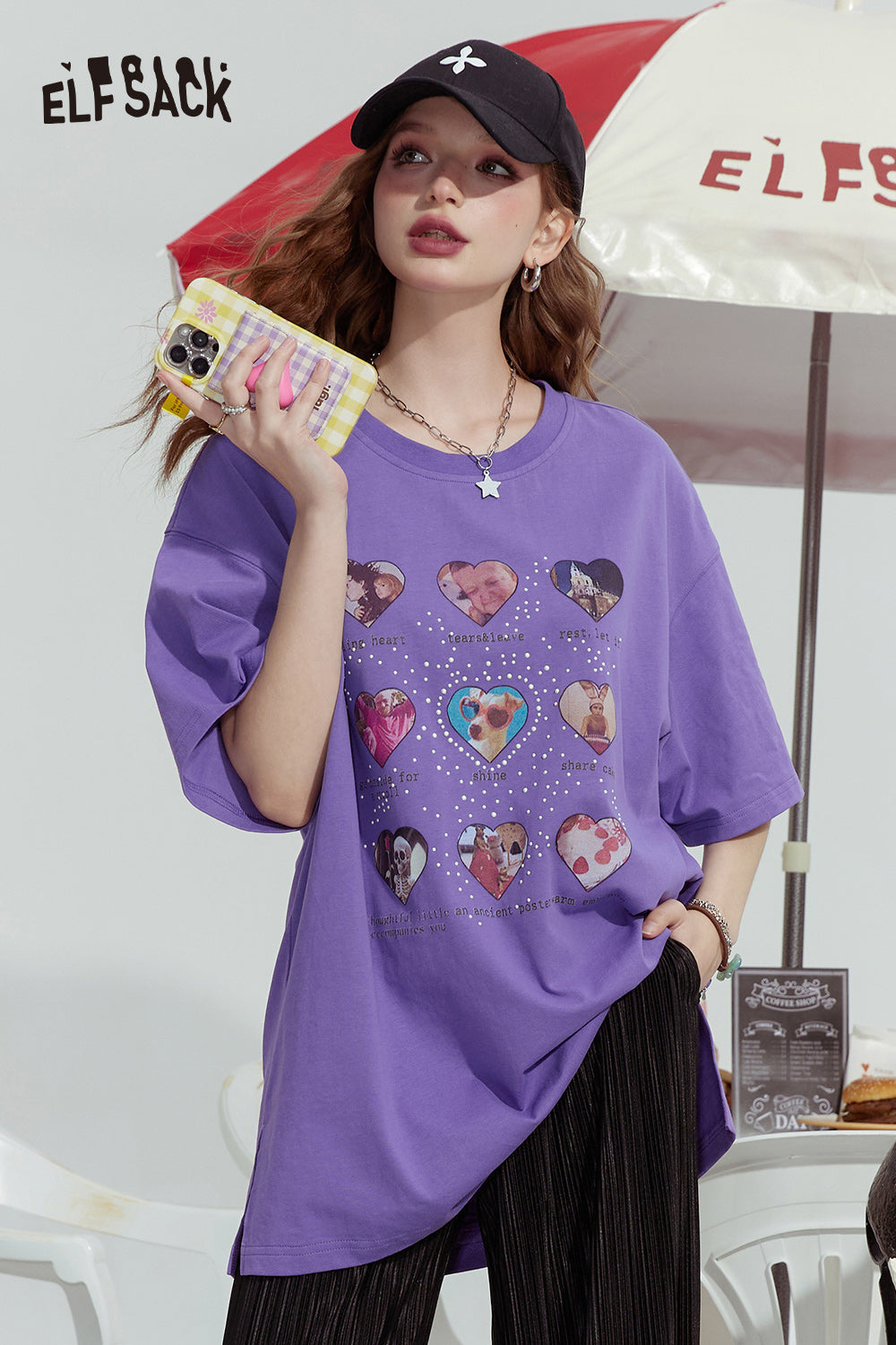 ELFSACK Dopamine Style Love Print 100% Cotton Loose Fit Short Sleeve T-shirt