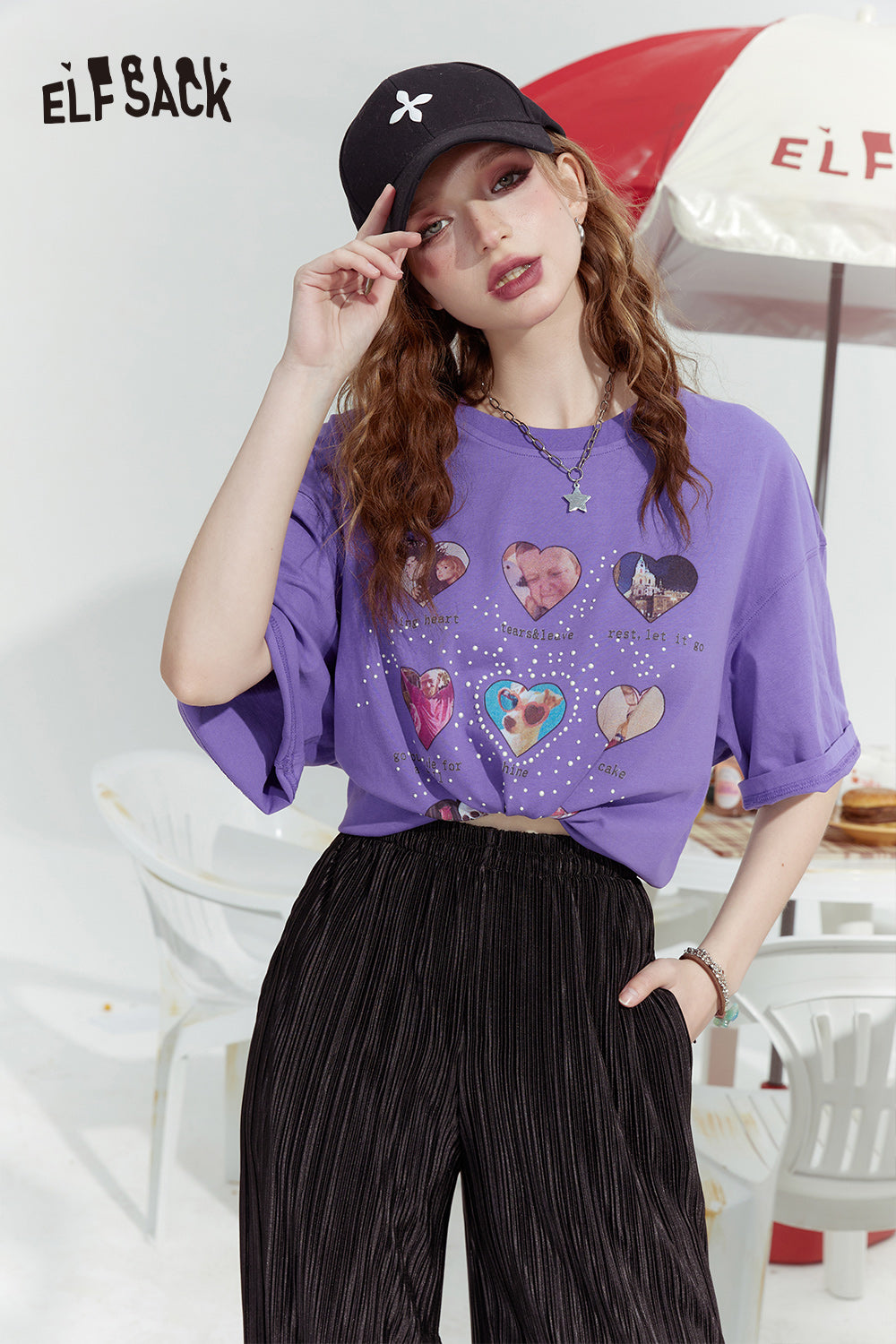 ELFSACK Dopamine Style Love Print 100% Cotton Loose Fit Short Sleeve T-shirt