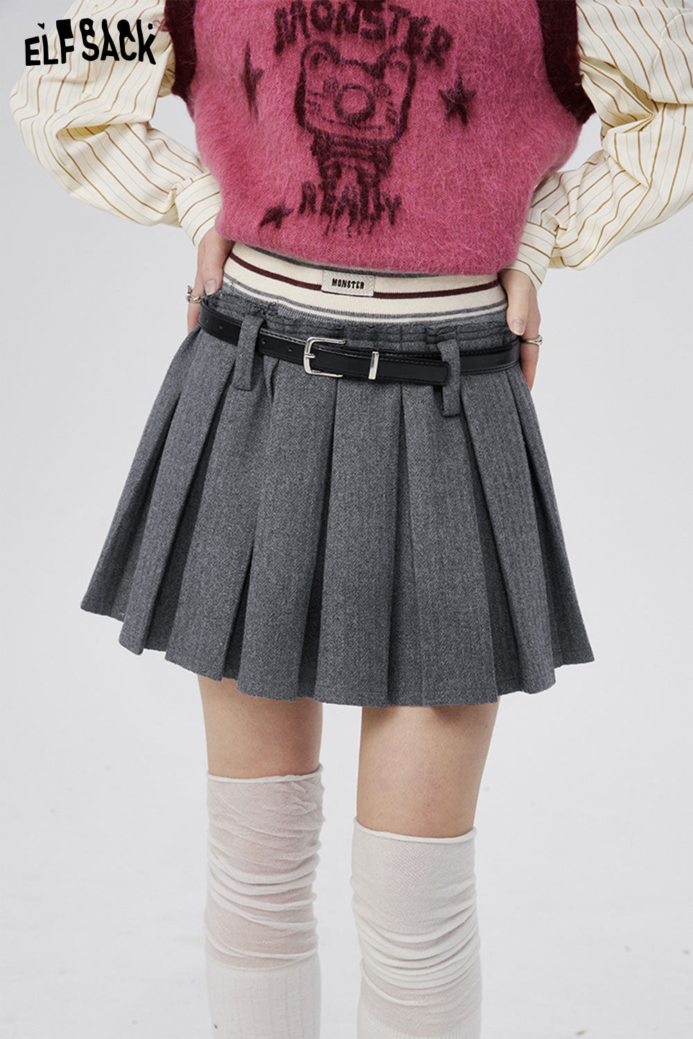 ELFSACK High Waist Woolen Skirts Womens Sexy Mini Skirts Vintage Pleated Skirt Korean Tennis Skirts Short Spring New
