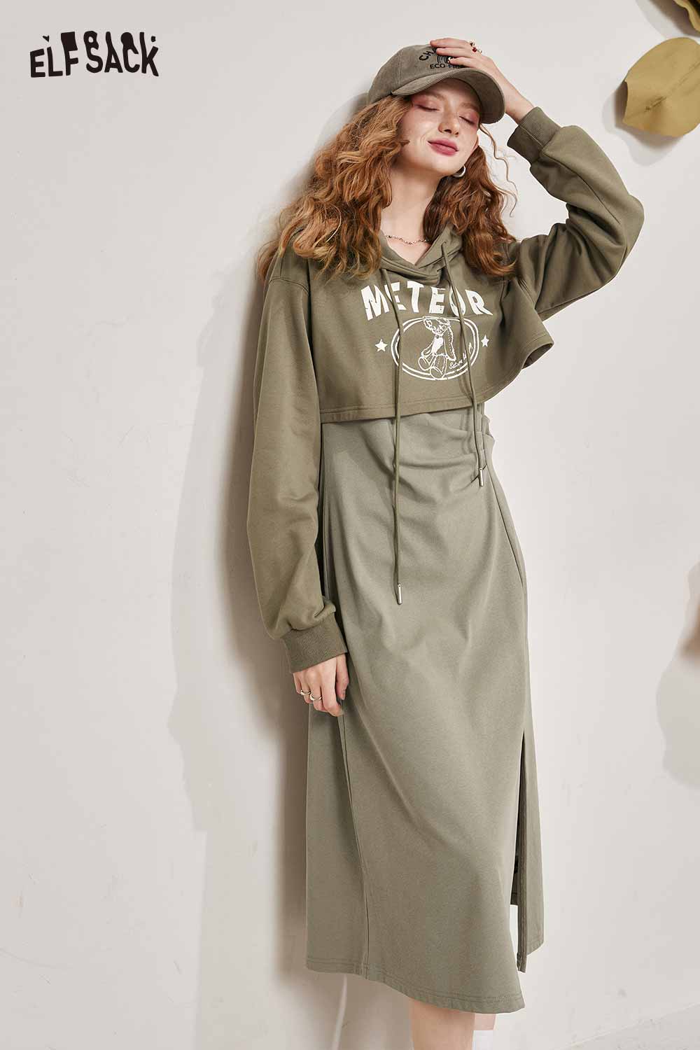 ELFSACK 2 Piece Hooded Sweatshirt Dress Athletic Leisure Set