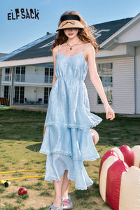 ELFSACK Pearl Strap Puff Sleeve High-Waist Dress