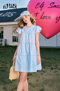 ELFSACK Cute style temperament slim lace sleeves small princess blue A-line dress