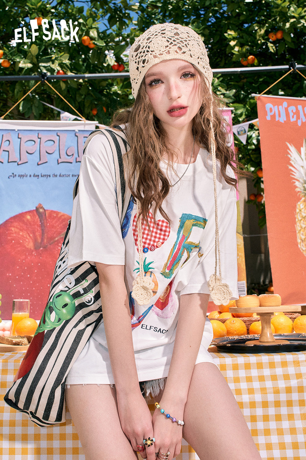 ELFSACK Cute Letter Print Loose Fit Short Sleeve T-shirt