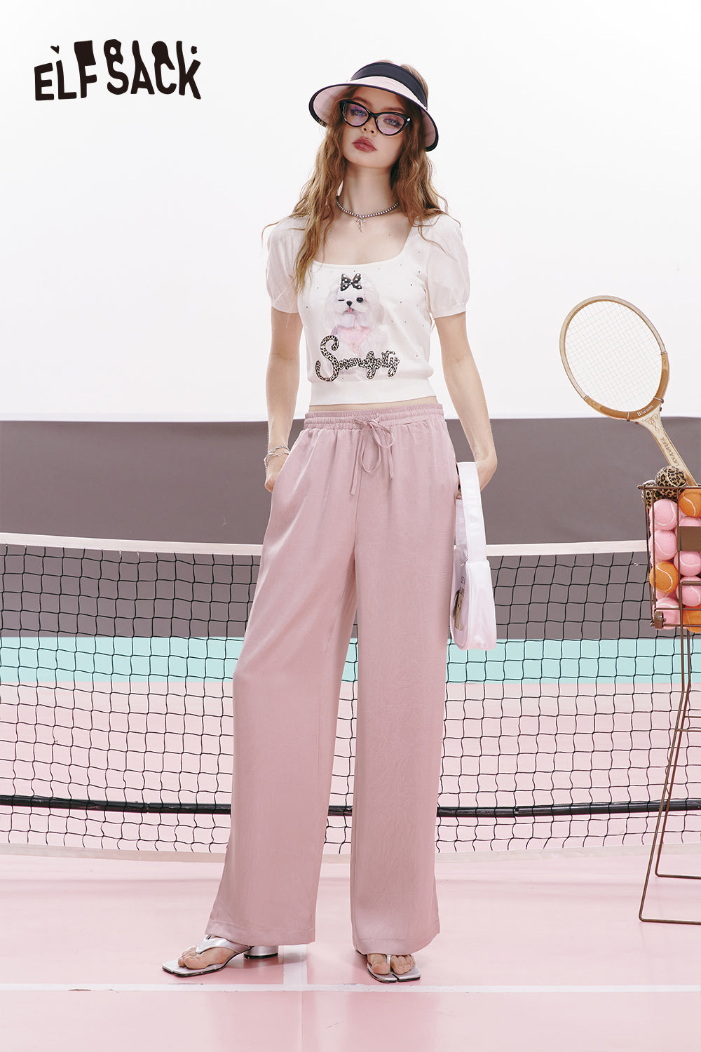 ELFSACK Pink satin split silk soft casual slim thin wide leg pants