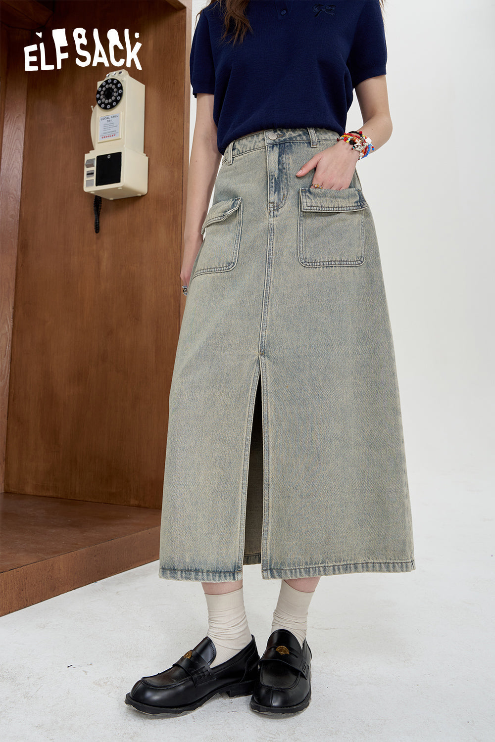 ELFSACK Split style vintage skirt, versatile long skirt