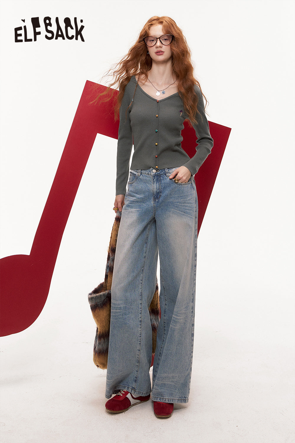 ELFSACK Retro Fitted Embroidered Knit Cardigan Korean Versatile Layering Top