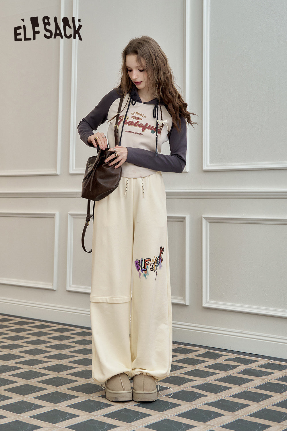 ELFSACK Printed Casual Sports Sweatpants Loose Wide Leg Relaxed Fit