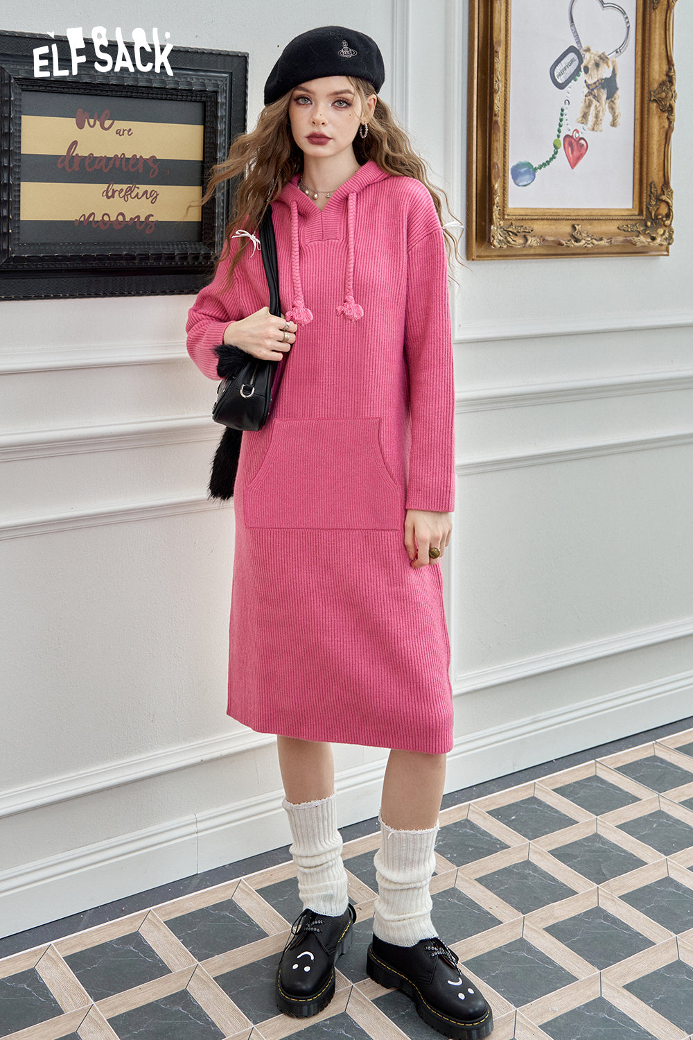 ELFSACK Hooded knitted long sleeve casual dress
