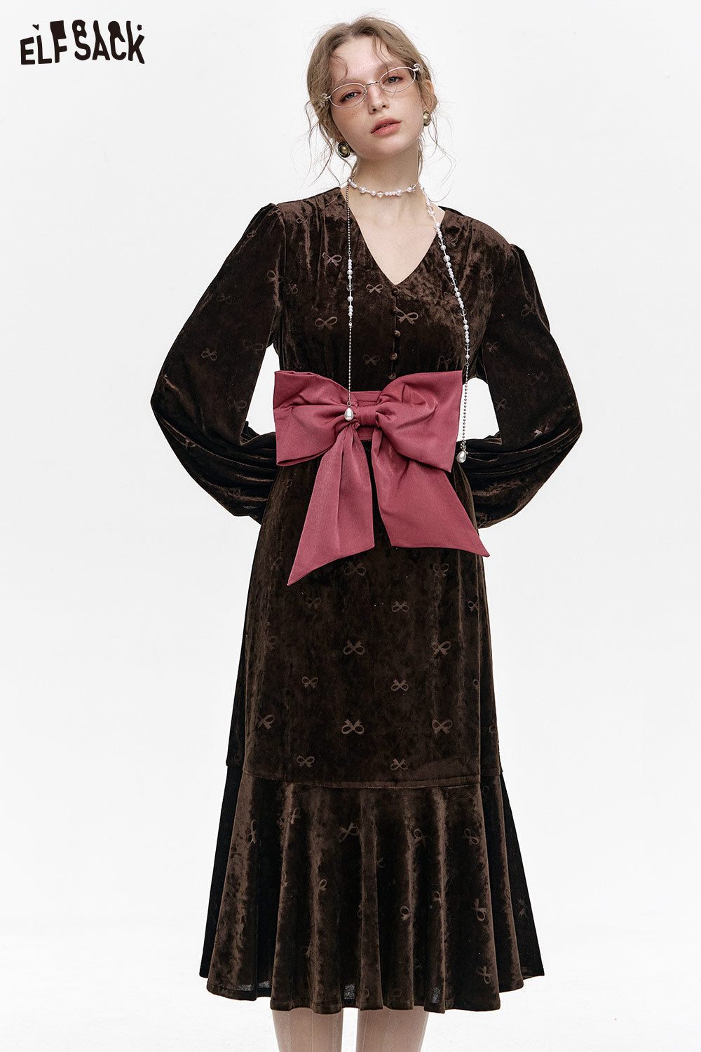 ELFSACK Retro Velvet Detachable Bowknot V-Neck Long Dress Women