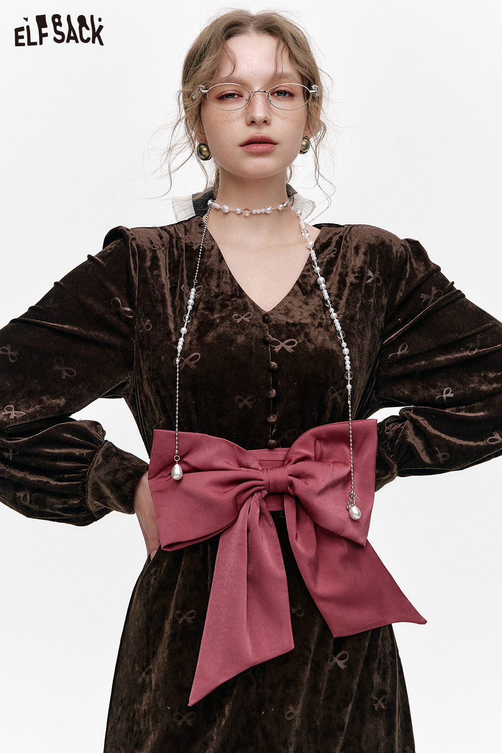 ELFSACK Retro Velvet Detachable Bowknot V-Neck Long Dress Women