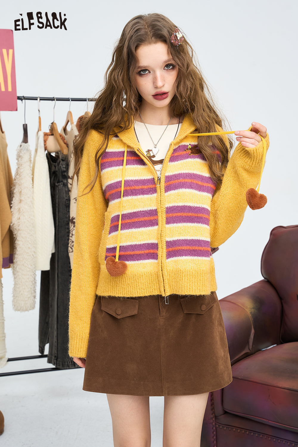 ELFSACK Color blocking striped hooded zipper sweater cardigan, soft and sticky short top