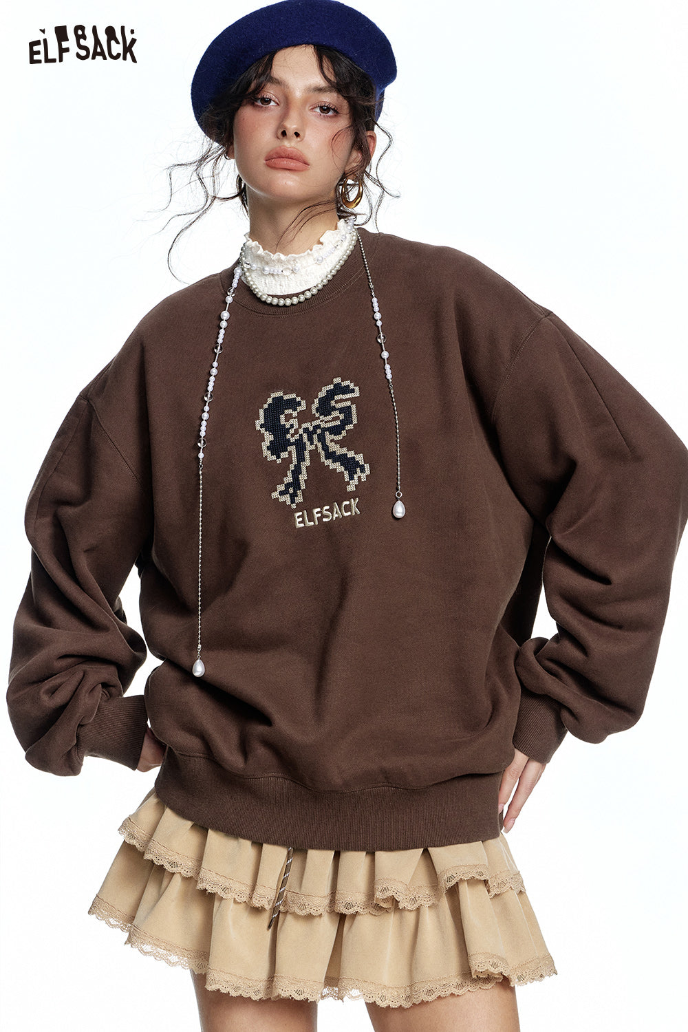ELFSACK Bow print with velvet sweatshirt
