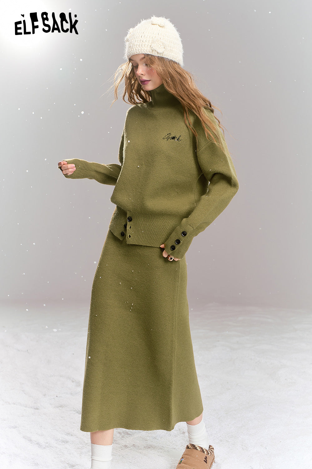 ELFSACK Knitted suit French simple high collar top skirt two-piece suit