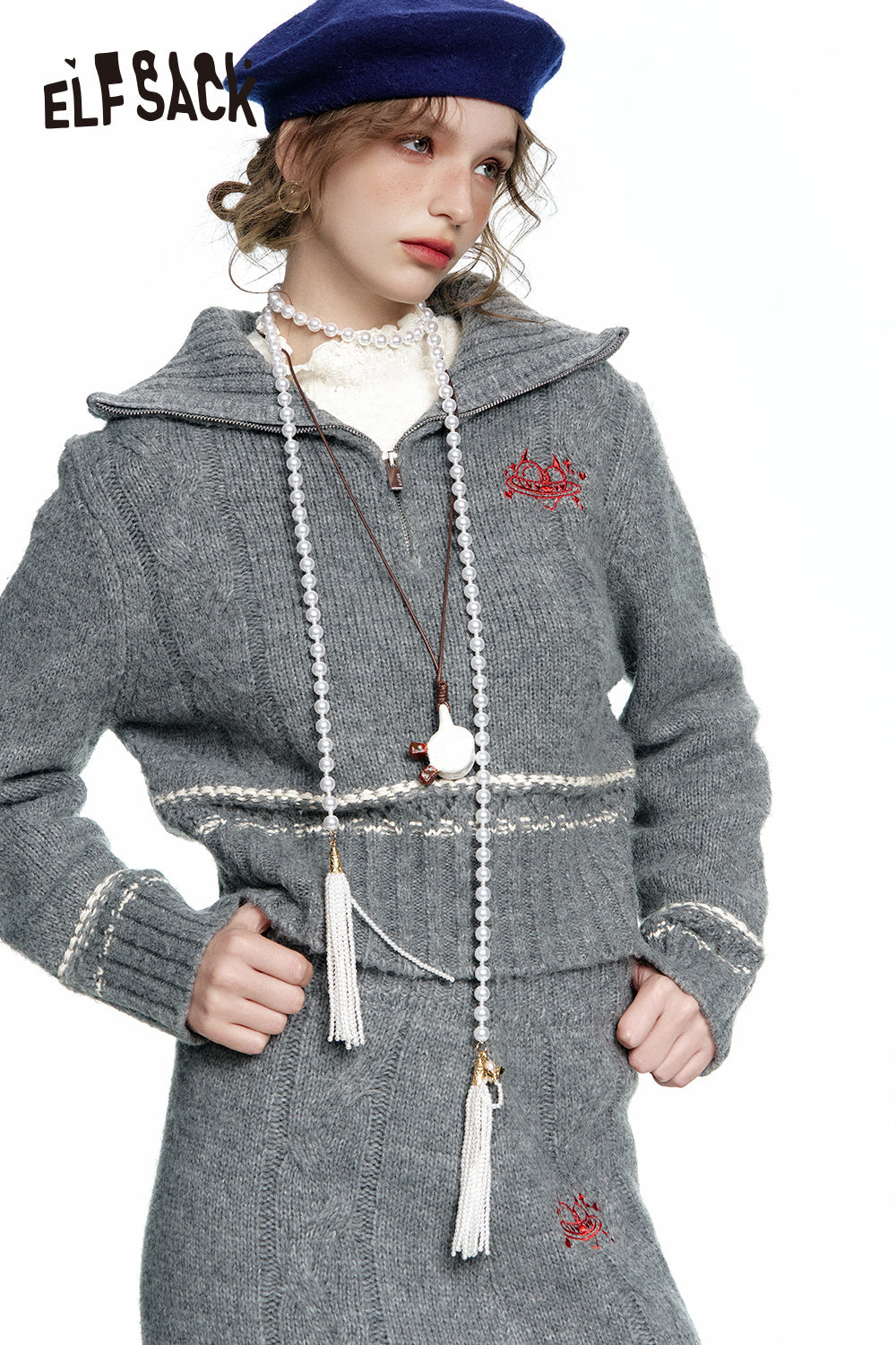ELFSACK Grey embroidered knitted skirt two piece suit