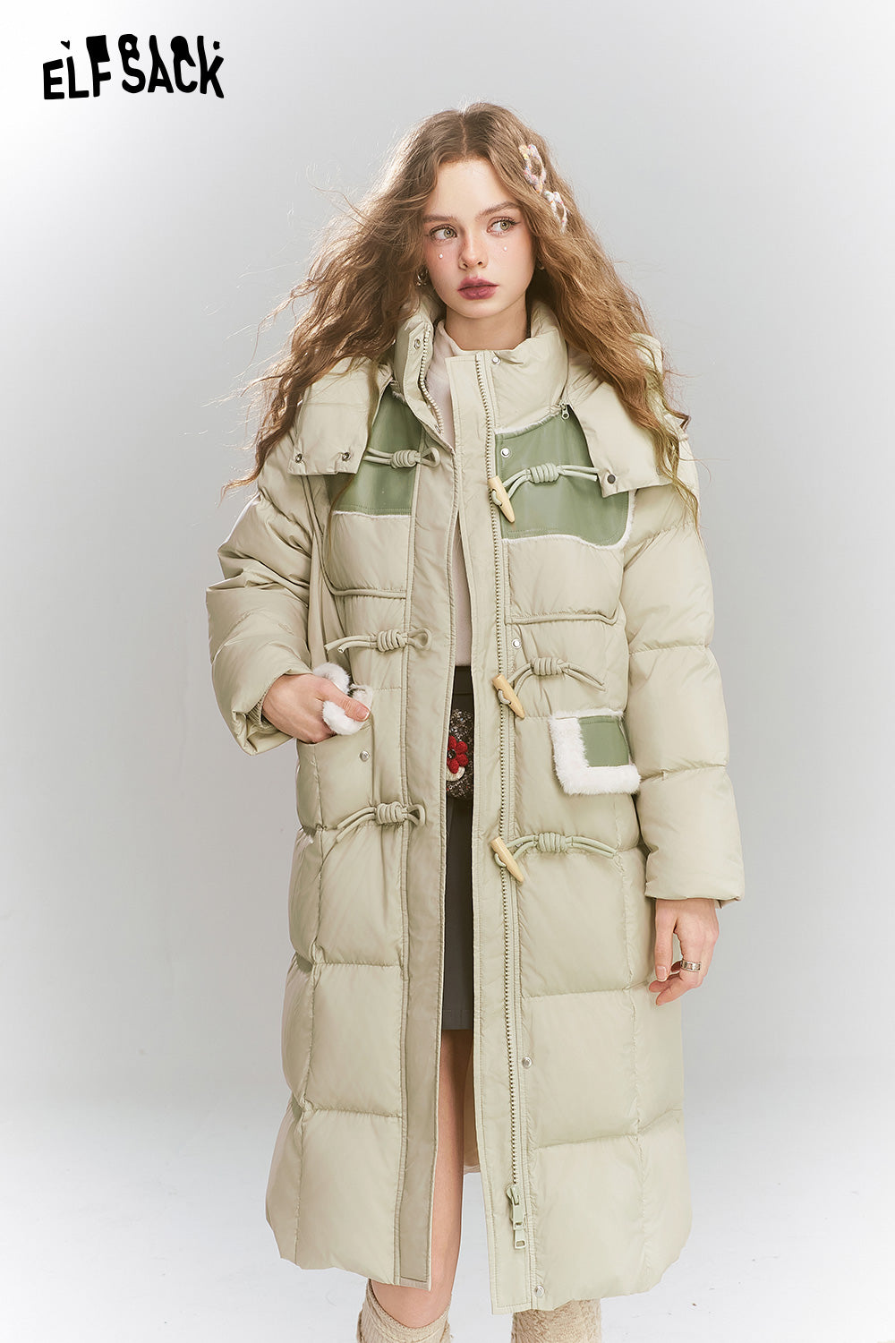 ELFSACK Loose retro print medium long hooded warm down coat