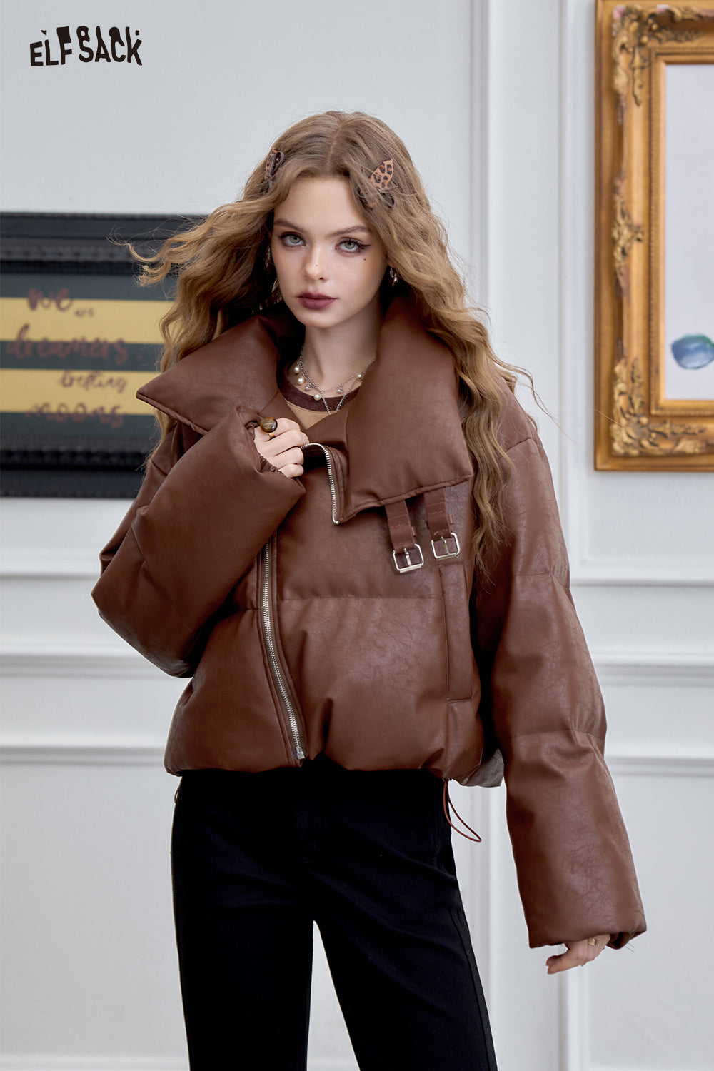 ELFSACK Sweet and cool PU leather short down jacket