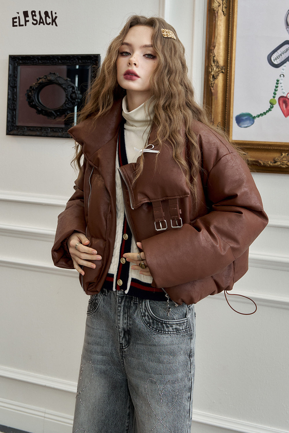 ELFSACK Sweet and cool PU leather short down jacket
