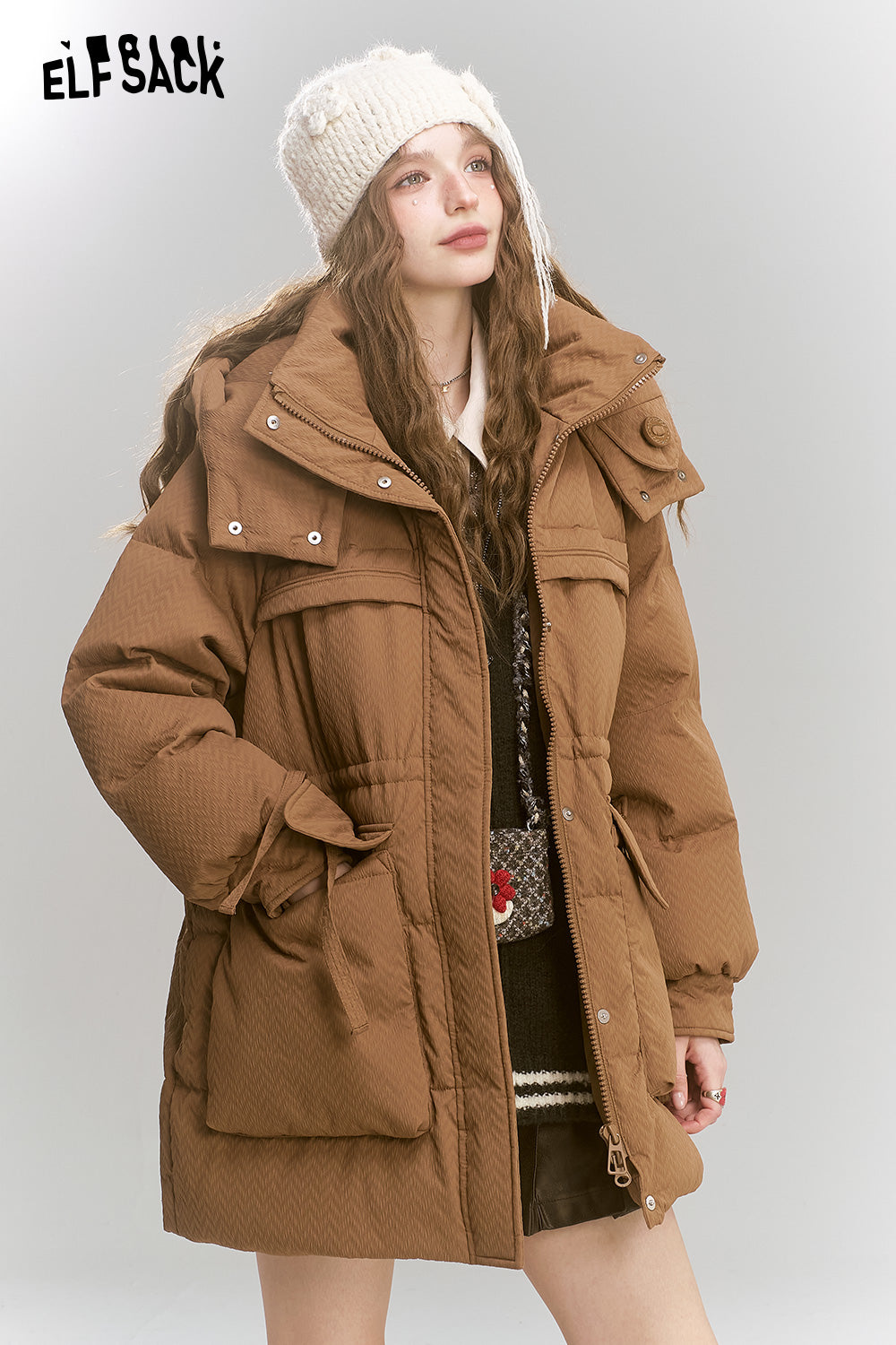 ELFSACK Casual loose medium hooded warm down jacket