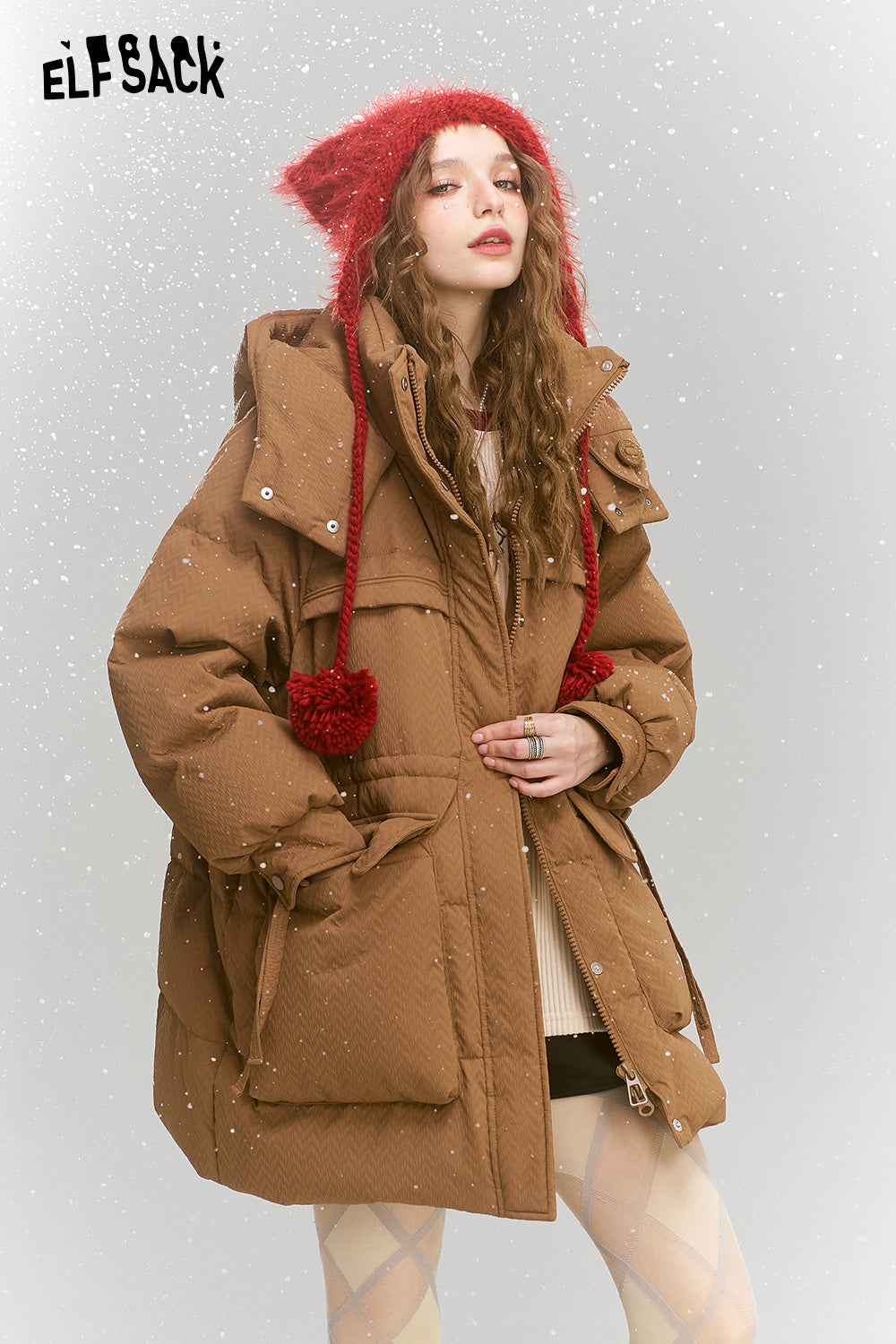 ELFSACK Casual loose medium hooded warm down jacket
