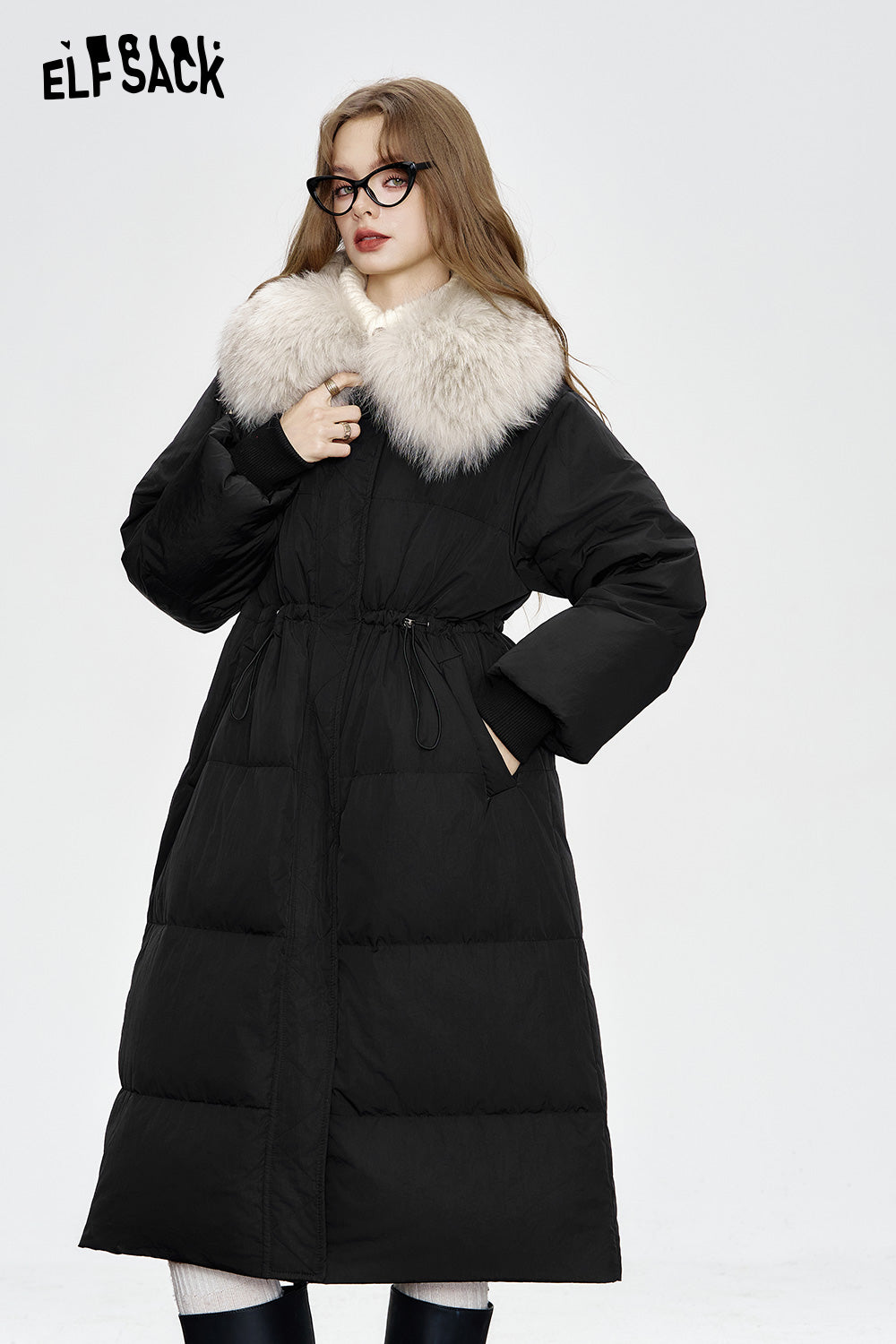 ELFSACK Black mid-length down coat