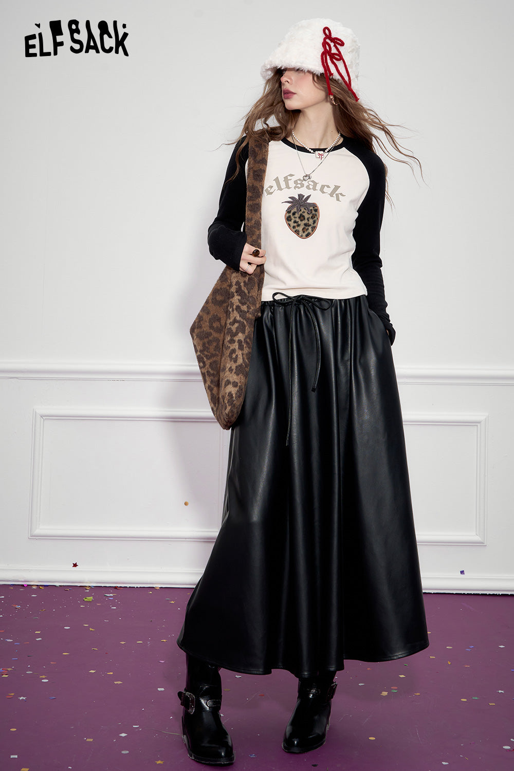 ELFSACK Retro black large hem pu long A-line skirt