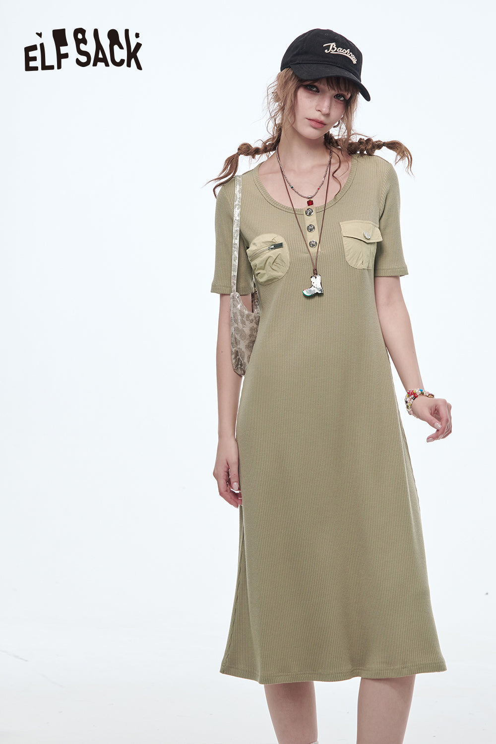 ELFSACK Retro Slim Fit Short Sleeve Dress Women Buttons Pockets O-neck A-line Dress