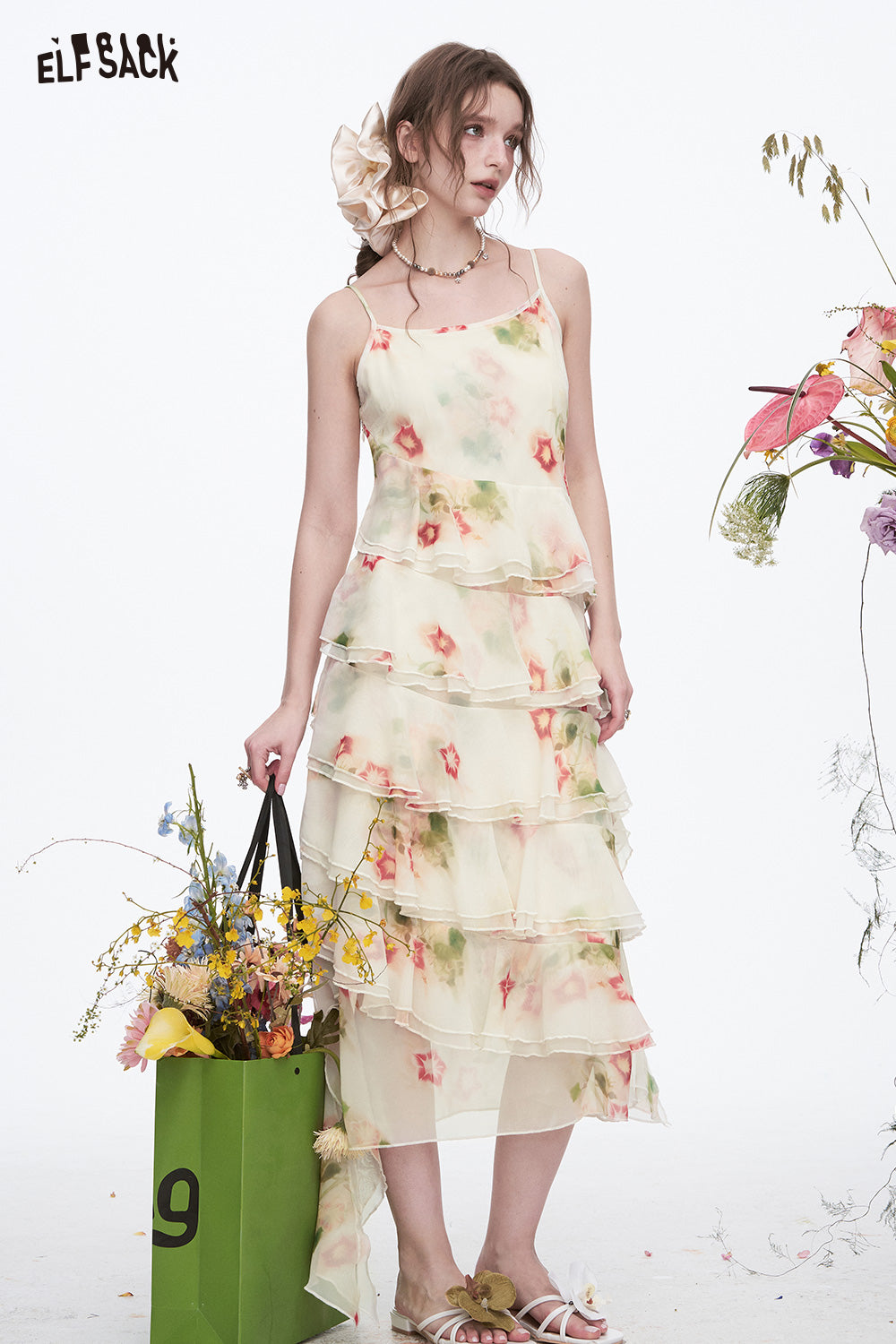 ELFSACK Y2K White Floral Sleeveless Dress Women Irregular Chiffon Long Sling Dress