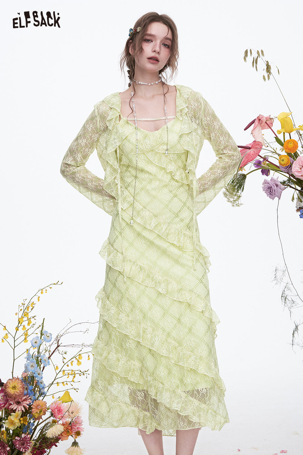 ELFSACK Floral Lace Tiered Maxi Dress