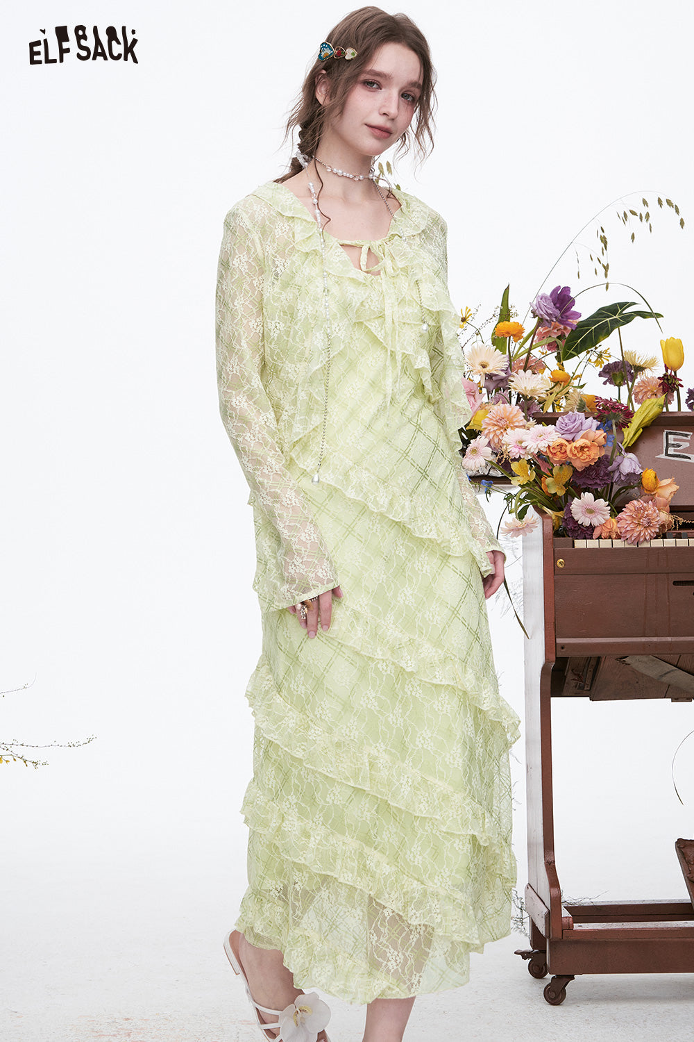 ELFSACK Floral Lace Tiered Maxi Dress