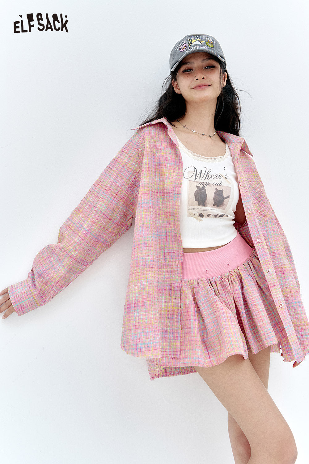 ELFSACK Dopamine plaid shirt skirt pants two-piece set