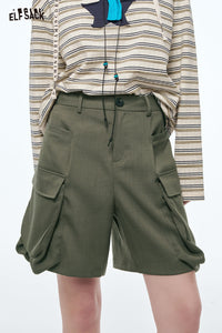 ELFSACK Vintage Cargo Shorts Women Loose Wide Leg Shorts Casual Streetwear