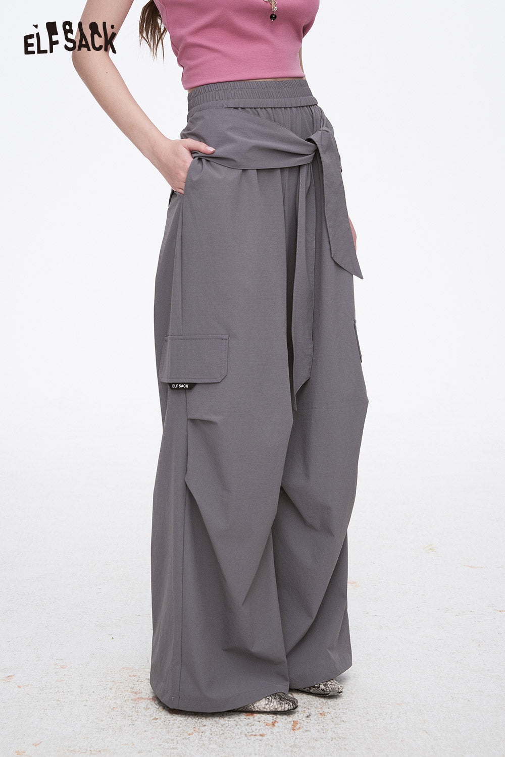 ELFSACK Grey Casual Lace-Up Cargo Pants