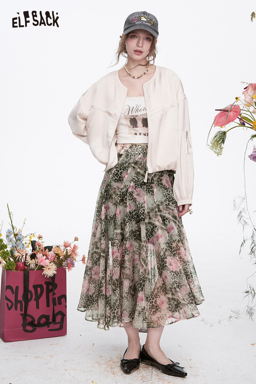 ELFSACK Y2K Leopard Print Flower Print Irregular Chiffon Skirt Women