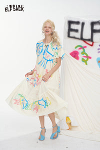 ELFSACK Original Cat Graffiti Loose Lace Patchwork Casual Dress
