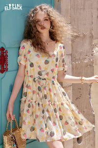 ELFSACK Strawberry Print Square Neck Chic Dress