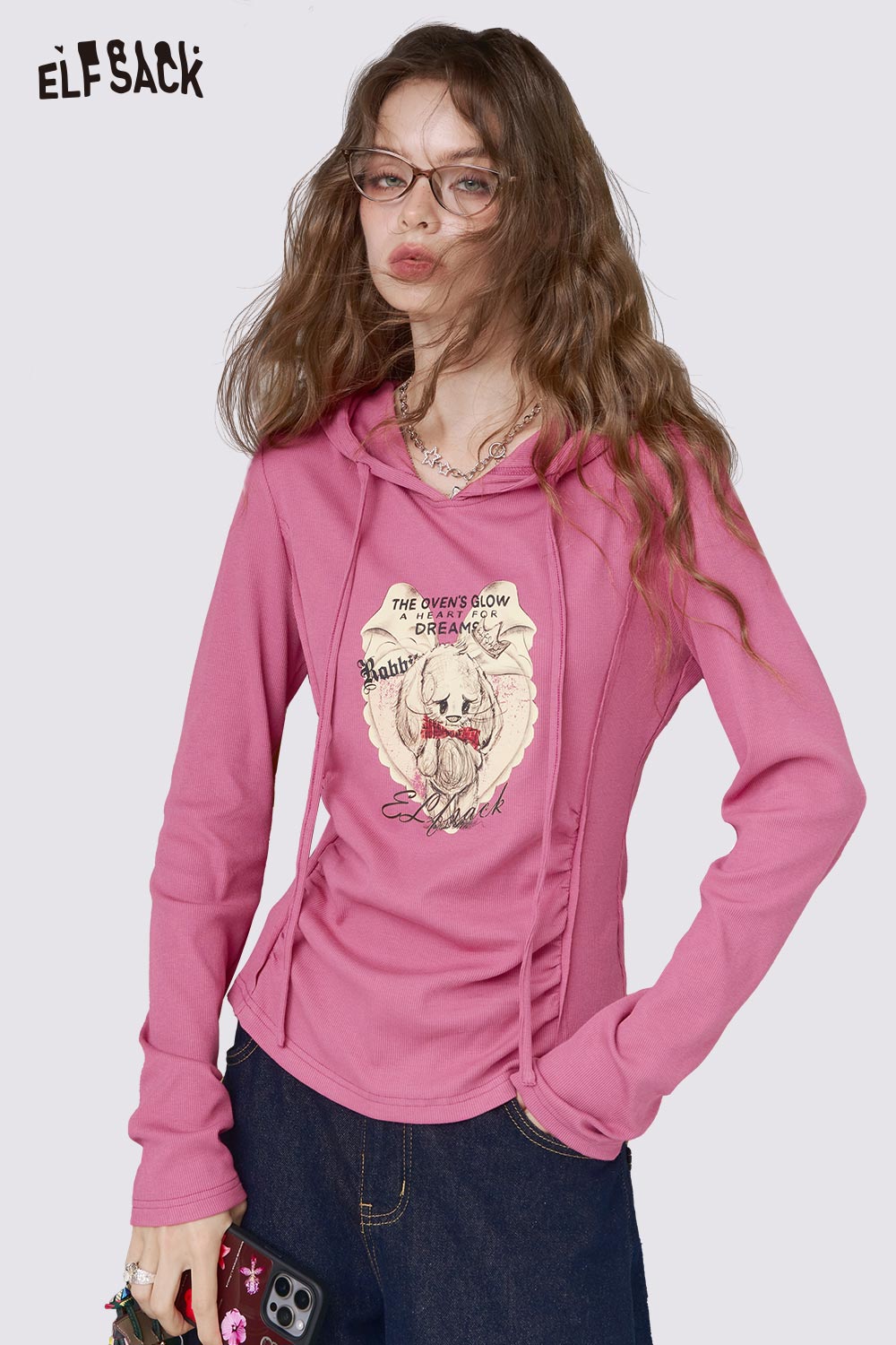ELFSACK Slim-Fit Ruched Print Long Sleeve Hooded Top