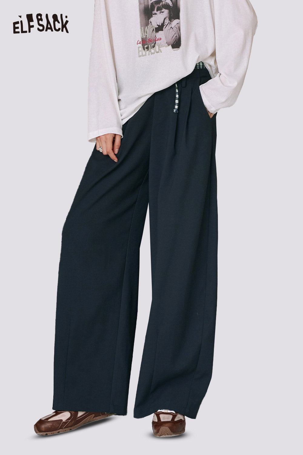 ELFSACK Street Style Plaid Patchwork Wide-Leg Pants