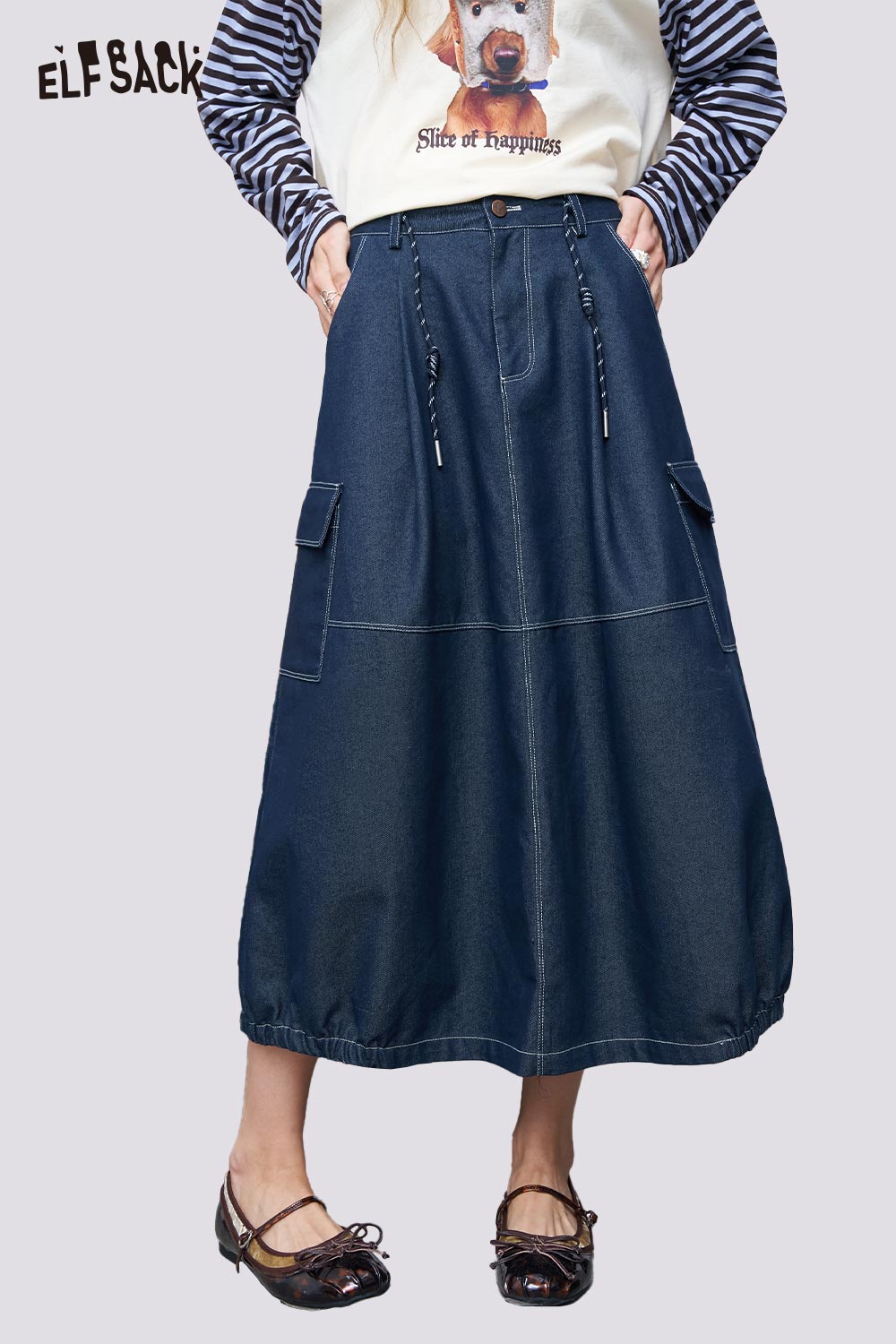 ELFSACK Slimming Vintage High-Waisted Denim Skirt