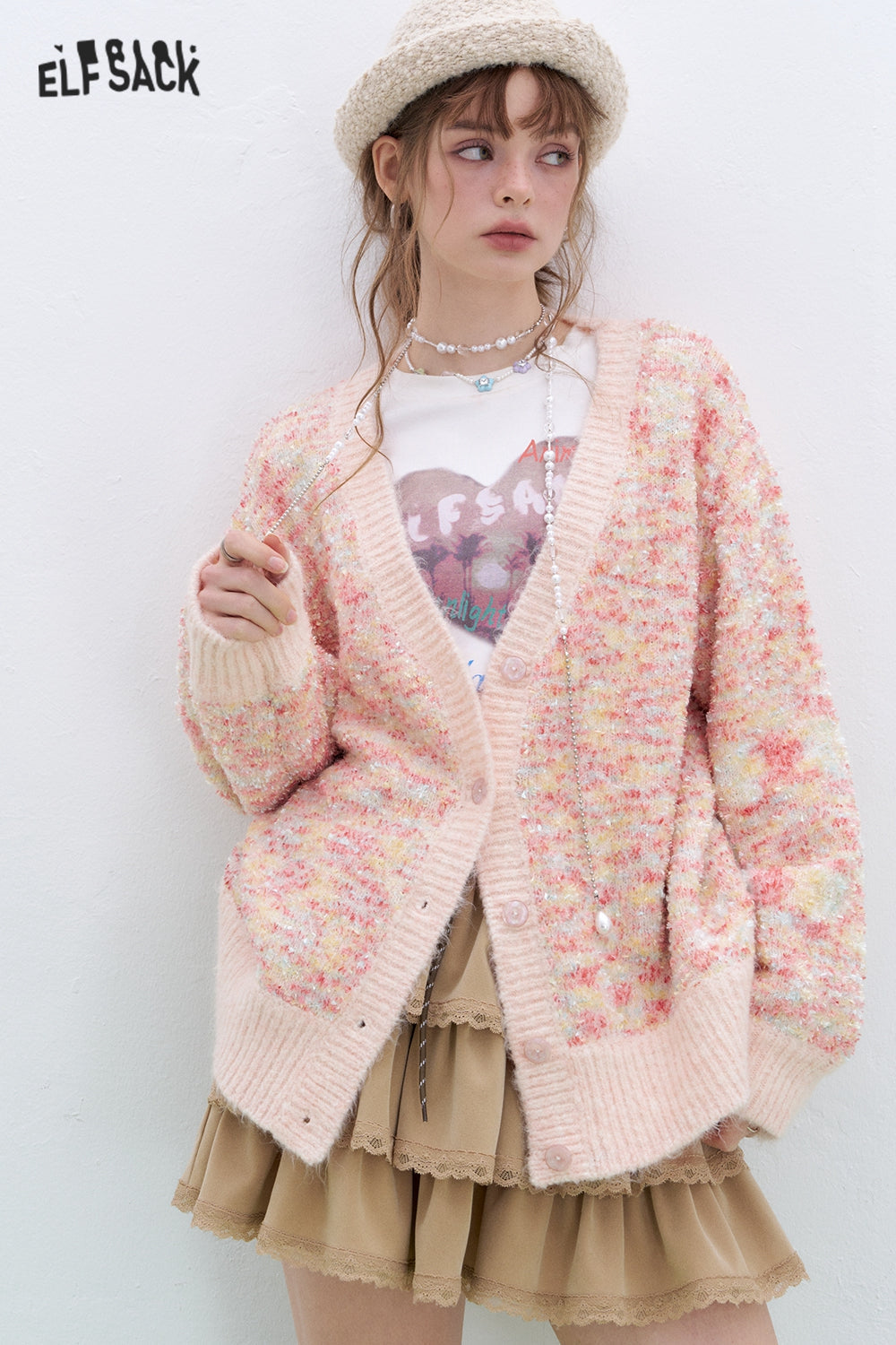 ELFSACK Sweet and cute V-neck knitted cardigan Korean style sweater