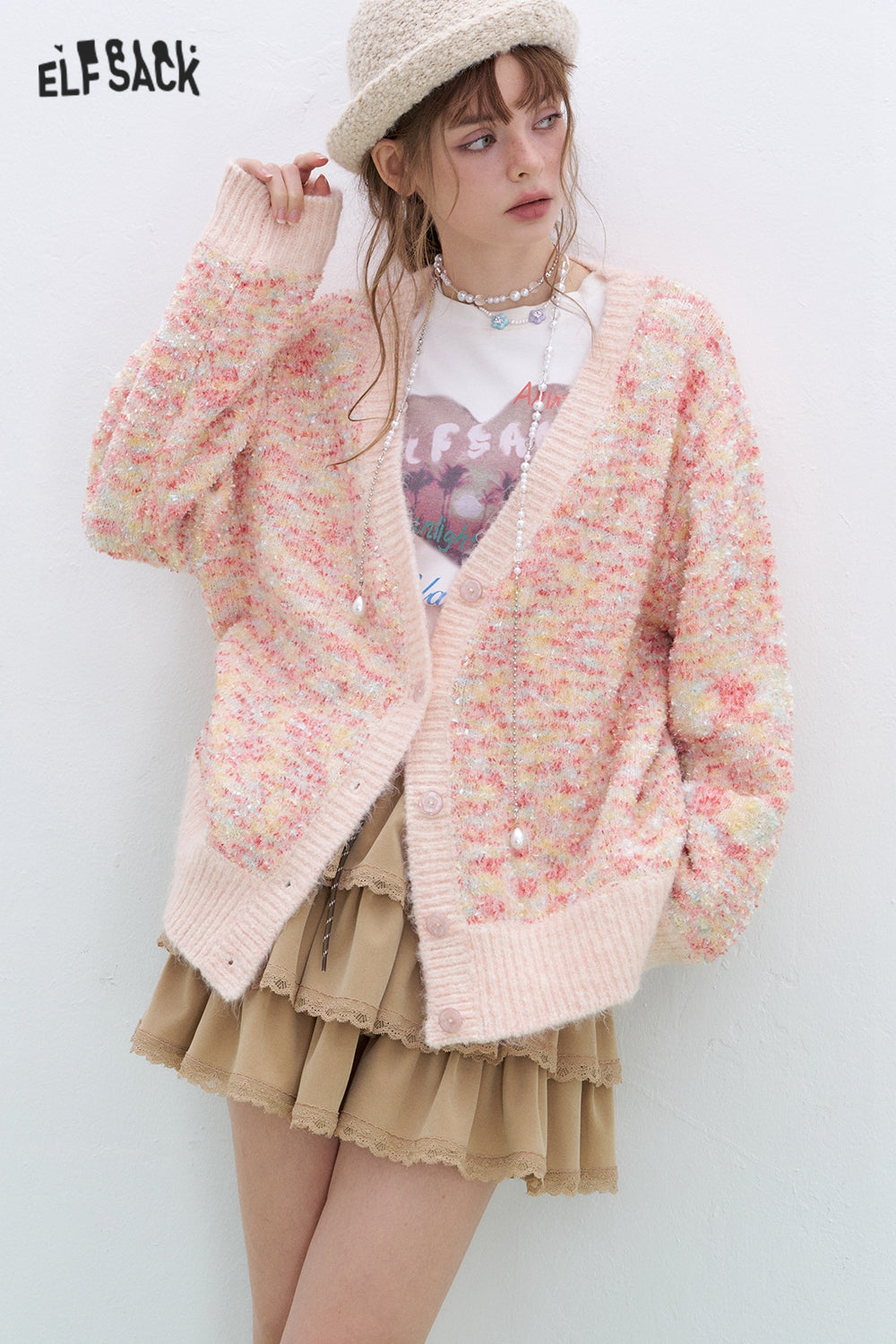 ELFSACK Sweet and cute V-neck knitted cardigan Korean style sweater