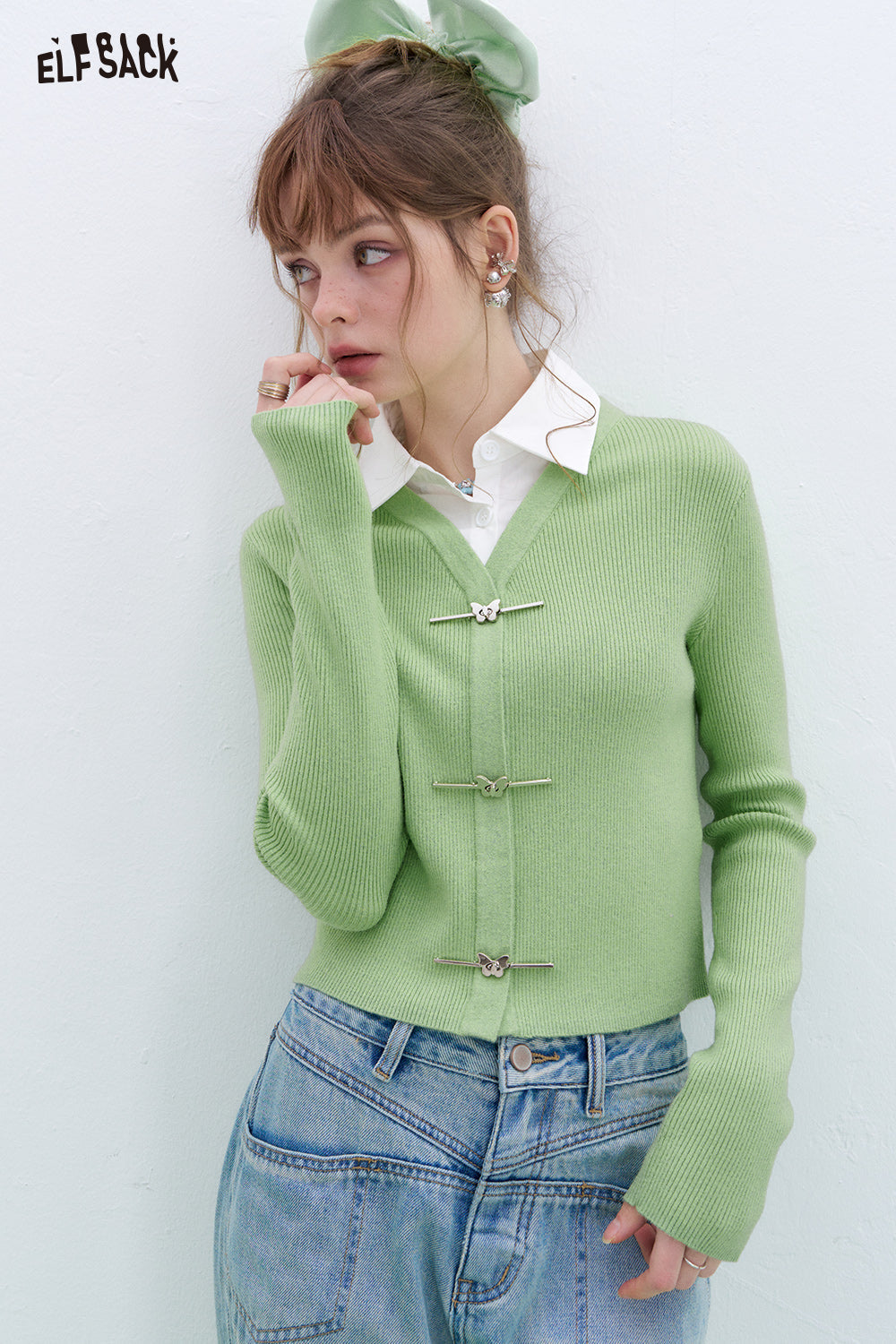 ELFSACK Fake two-piece shirt lapel patchwork sweater pullover women's long-sleeved short sweet Korean top