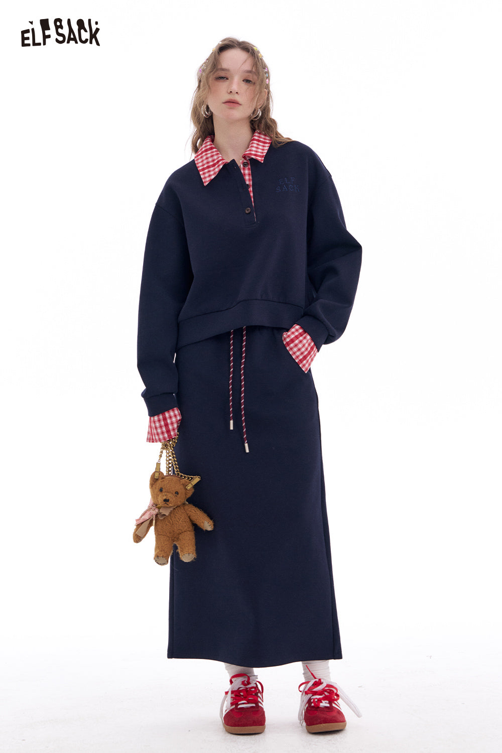 ELFSACK Fake Two Piece sweatshirt and elastic waist mid length skirt two-piece set