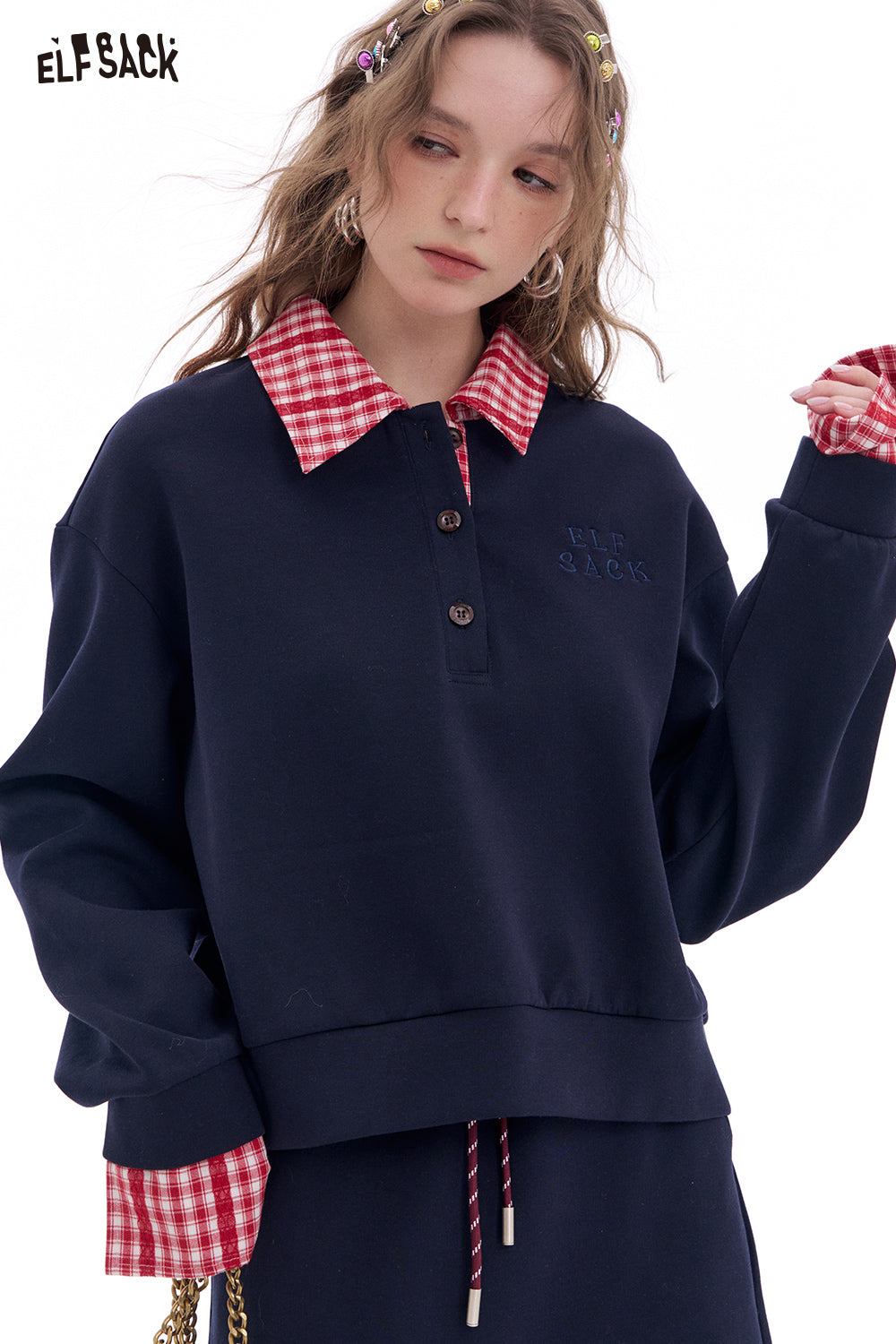 ELFSACK Fake Two Piece sweatshirt and elastic waist mid length skirt two-piece set