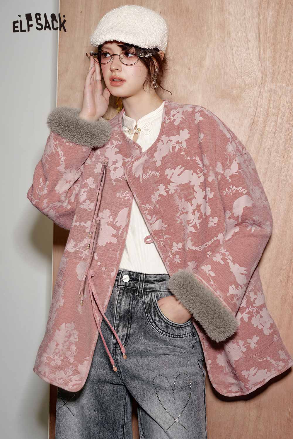 ELFSACK Elegant Design Ethnic Print Plush Trim Round Neck Coat